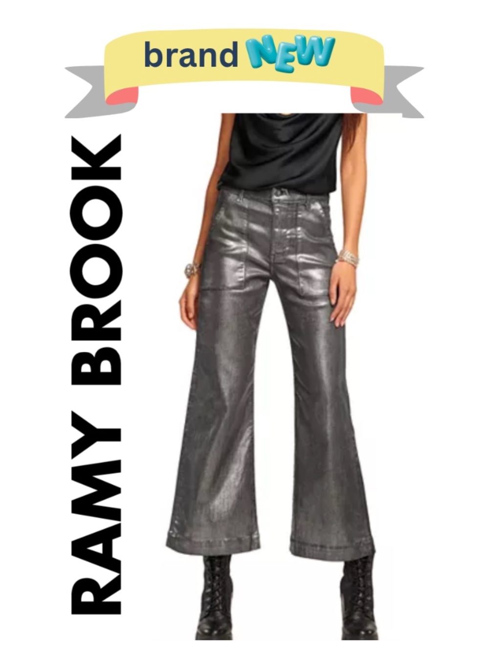 Ramy Brook Clifford Cropped Gun Metal Denim Wide Leg Pant Size 28 New w/Tags